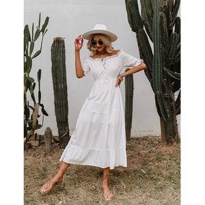 Boho Off The Shoulder White Ruffle Maxi Dresses